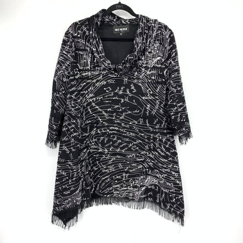 Neo Noble Cowl Neck 3/4 Sleeve Art To Wear Top Black White Music Note Print Sz L
